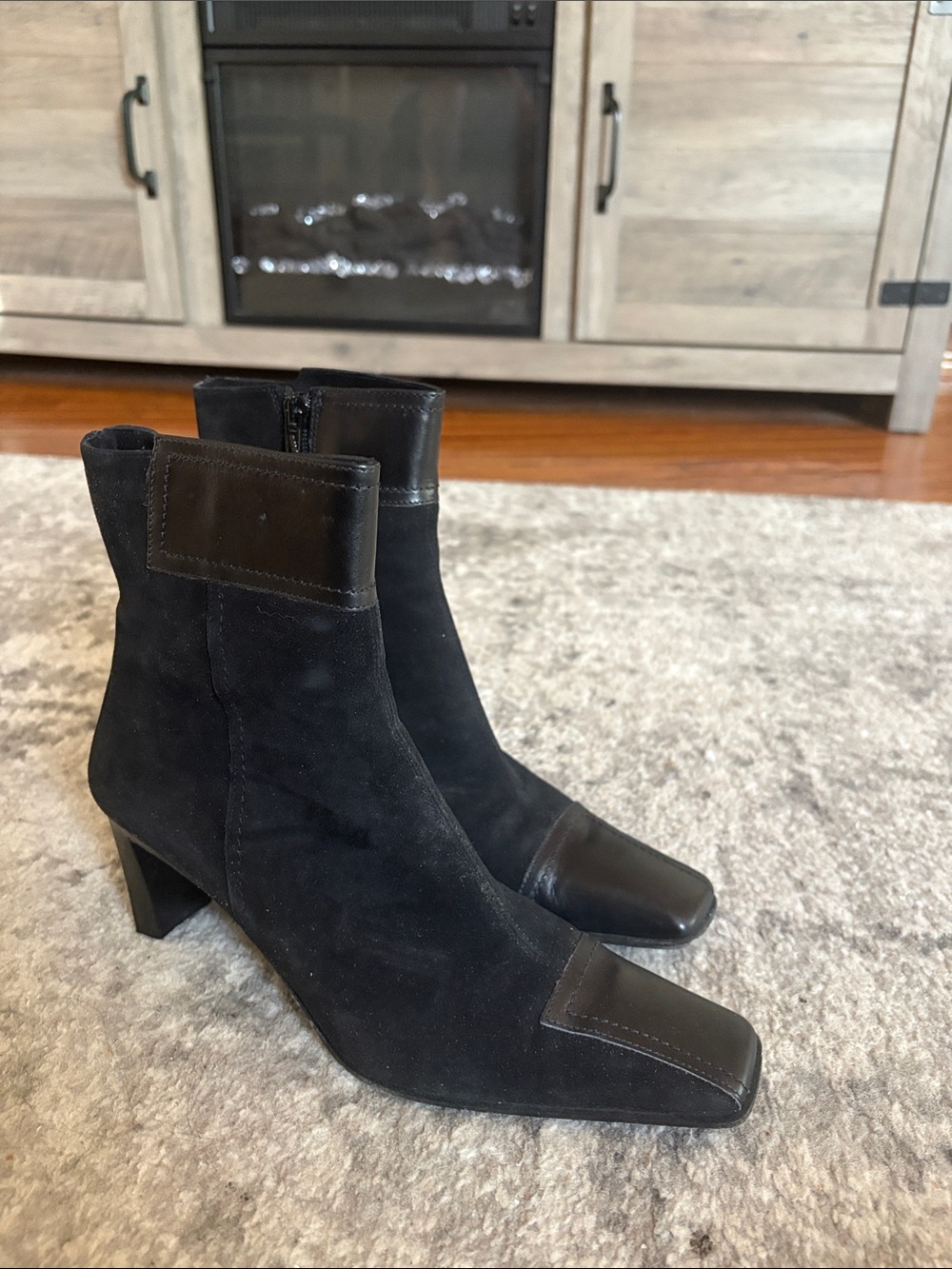 Black Suede and Leather Square-Toe Ankle Boots